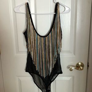 Bershka Fringe Detail Mesh Bodysuit